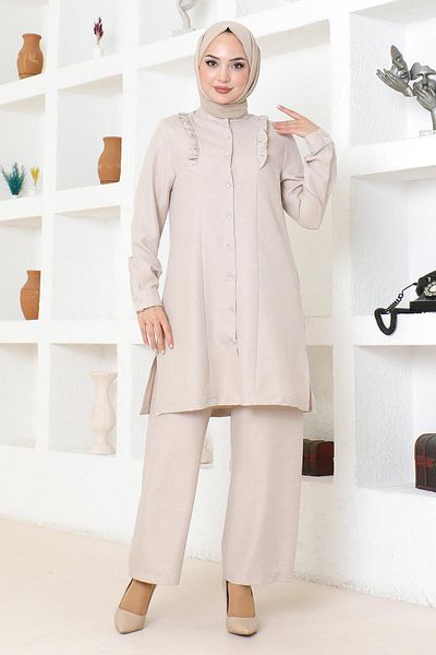 Modamihram Beige Set 19224 - Ruffle Detailed