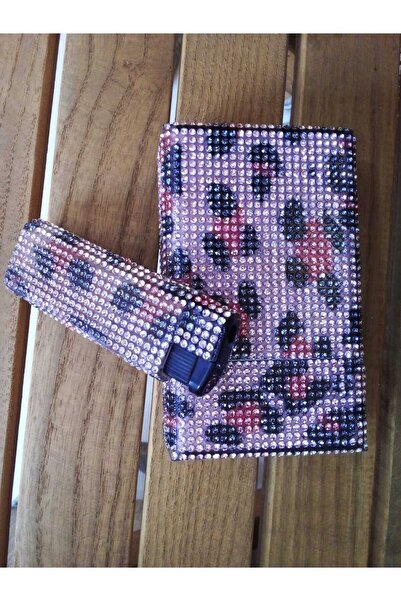 NESGIFT Pembe Leopar Kısa Kalın Metal Sigara Kutusu ve Çakmak (DOLABİLEN)