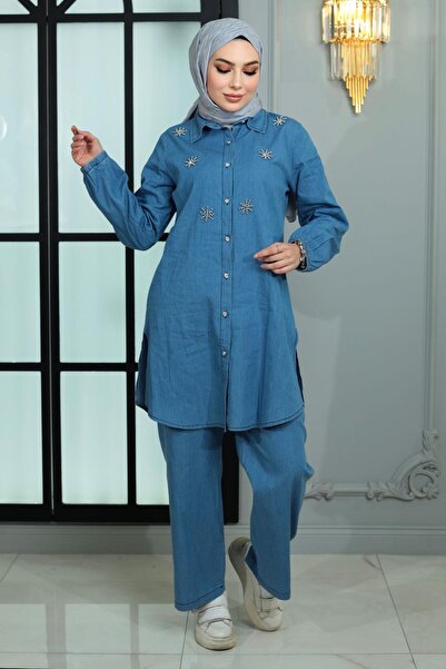 Modamihram بدلة جينز بأزرار وتفاصيل حجرية باللون الأزرق الفاتح 19149