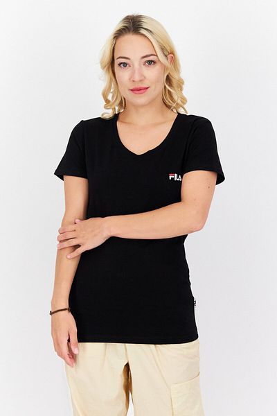 Fila تي شيرت نسائي رياضي بأكمام قصيرة مناسب للخارج، أسود