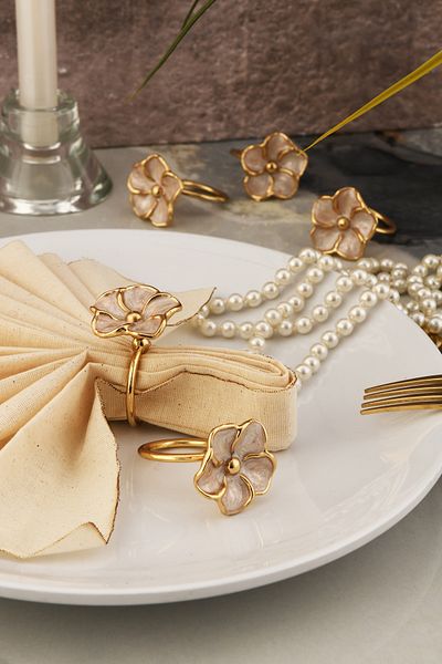 TR Turan Collection Gold Luxury Floral Print 6-Piece Napkin Ring - Beige Mother of Pearl Enamel Ring