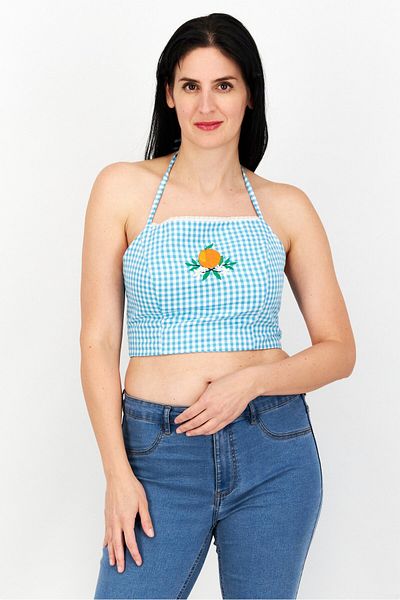 Minga London Women Halter Neck Sleeveless Gingham Pattern Tank Top, Blue Combo