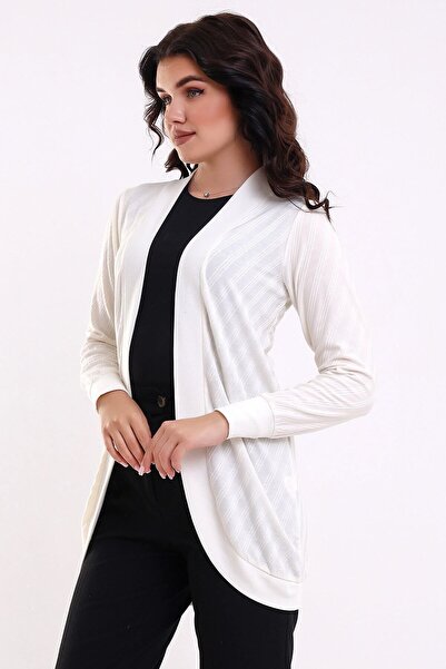 Şiir Ecru Colored Bumpe Women's - Soft Textured Combed Cotton, Flexible Jacquard Long Sleeve Cardigan & Kaftan