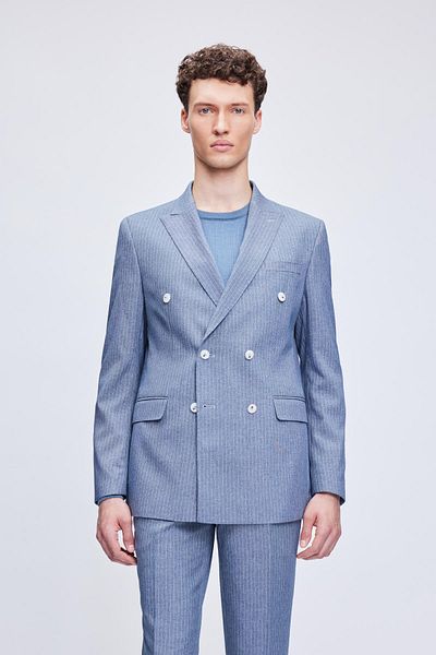 Hatemoğlu Blue Slim Fit Striped Double Breasted Classic Suit