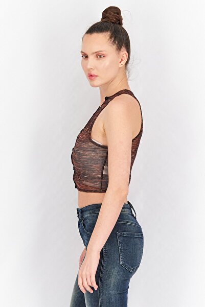 Motel Women Split Neck Sleeveless Mesh Crop Top, Brown