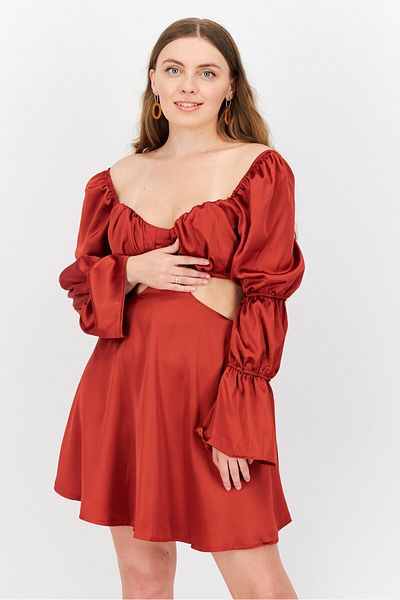 First Distraction The Label Women Satin Cut Out Mini Dress, Rust