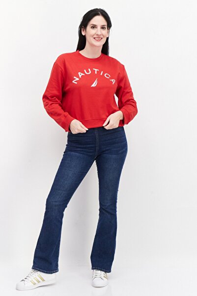 Nautica Women Crew Neck Long Sleeve Brand Logo Sweatshirt, Red