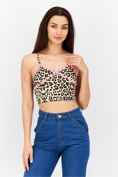 Daisy Street Women Scoop Neck Sleeveless Leopard Print Top, Beige