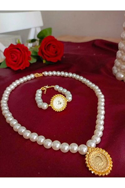 kayalaraksesuar KOPYA - İncili Çeyrekli Kolye Ve Çeyrekli Bileklik Seti