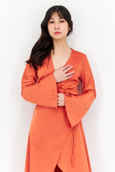 Asos Design Women Solid Satin Wrap Midi Dress, Rust