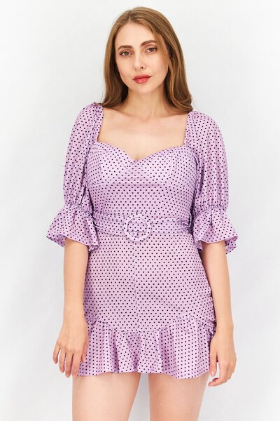 ASOS Women Petite Puffed Sleeve Polka Dot Cupped Belted Mini Dress, Lavender