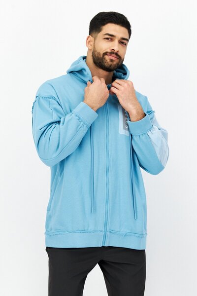 Tribe of 6 Men Hooded Long Sleeve Full Zip Graphic Print Sweatshirt, Light Blue