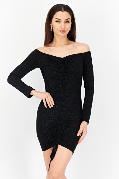 Endless Blu Women Ruched Tie Detail Casual Mini Dress, Black