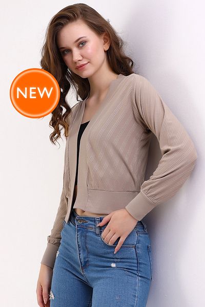 Şiir Rades Cardigan scurt elastic pentru femei din bumbac pieptănat de nurcă italian Reglan cu mânecă lungă jacquard deschis în față