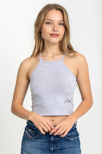 BAYKAR Γυναικείο λαιμόκοψη με λεπτές τιράντες Crop μπλούζα γκρι