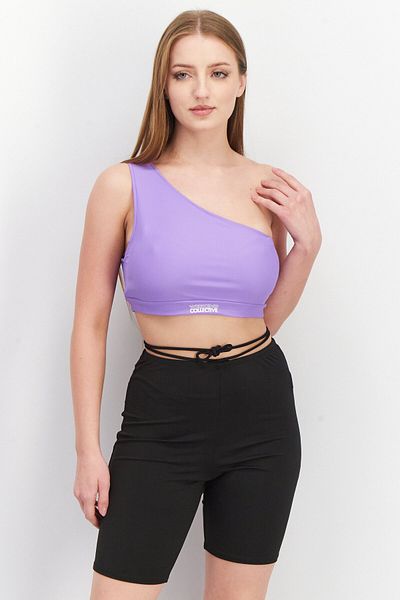 Asos Weekend Collective Women Asymmetrical Neck One Shoulder Sleeve Plain Crop Top, Purple