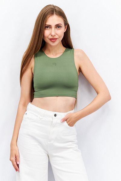 ODolls Women Round Neck Sleeveless Embroidered Crop Top, Olive