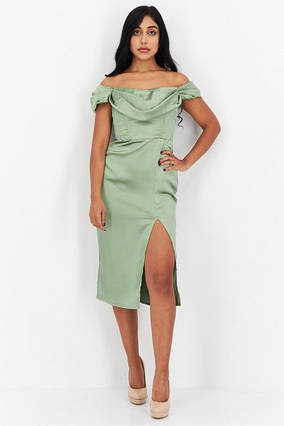 First Distraction The Label Women Satin Off Shoulder Midi Dress, Olive