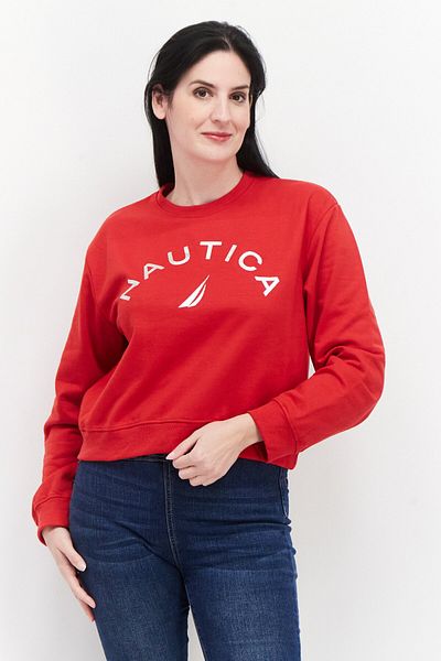 Nautica Women Crew Neck Long Sleeve Brand Logo Sweatshirt, Red