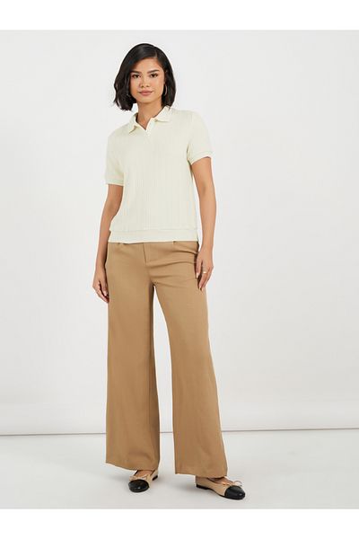 Styli Pointelle Collared Knit Top