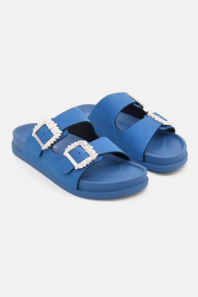 I Love Fashion Women Slip On Suede Rhinestone Cork Sandals, Blue
