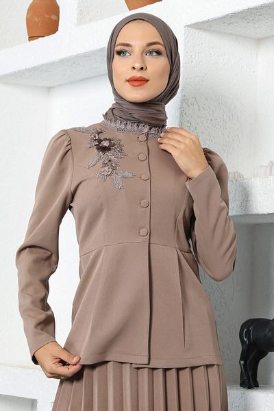 Modamihram Lace Detailed Skirt Suit Mink 17100