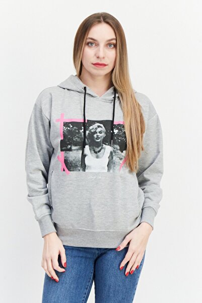 Marilyn Monroe Women Hooded Printed Long Sleeve Sweatshirts, Grey