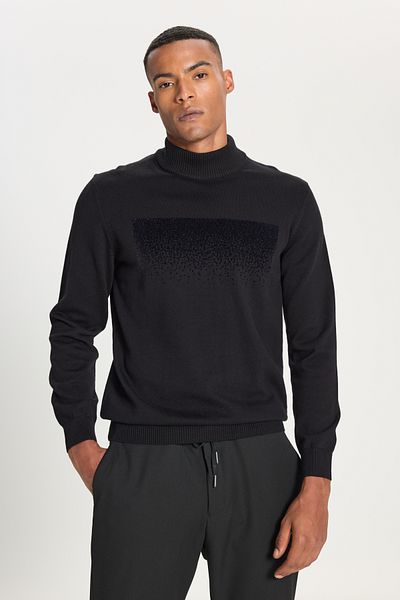 ALTINYILDIZ CLASSICS Men's Black 100% Cotton Standard Fit Regular Cut Half Turtleneck Printed Knitwear Sweater