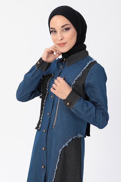 Modamihram Zipper Detailed Hijab Denim Combination Dark Denim 10074