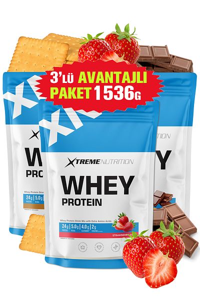 Xtreme Nutrition Whey Protein Powder -512Gx3=1536G Biscuits+Chocolate+Strawberry 48 Serve(5g Bcaa +4G Glutamine +2G Creatine)