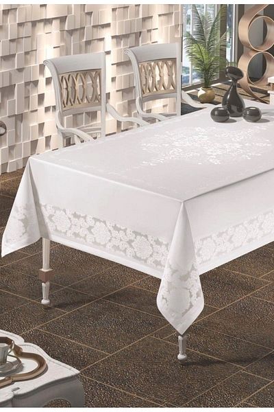 Hevia Home 160X220 White Lace Patterned Carefree Stain Tablecloth