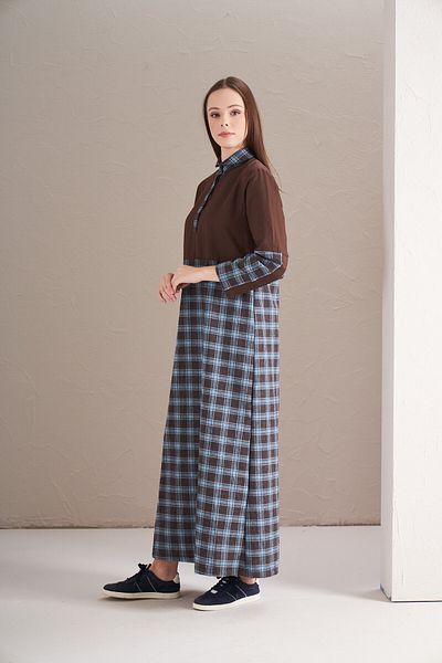 Mevra Brown Color Block Dress - Small Checkered Design
