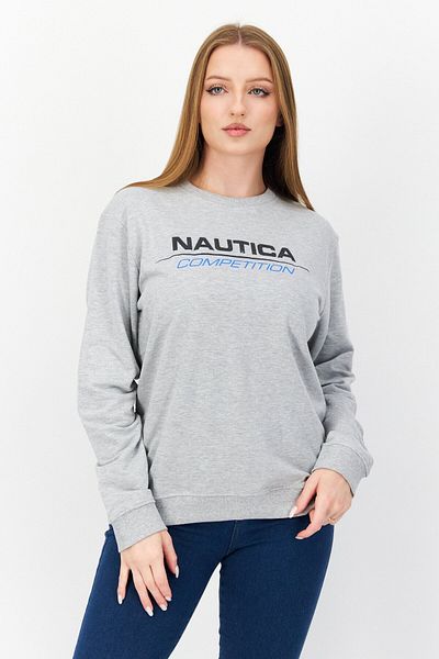 Nautica Women Crew Neck Long Sleeve Brand Logo Sweatshirt, Grey Marl