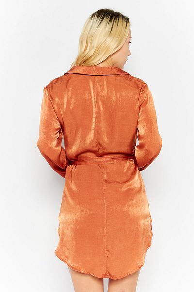 First Distraction The Label Women Solid Belted Satin Mini Dress, Rust