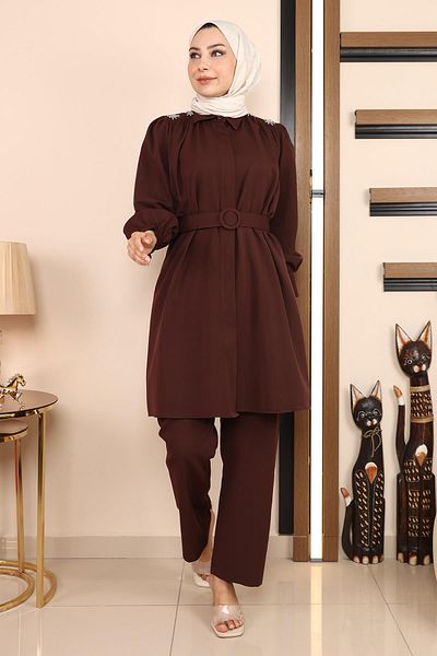 Modamihram Pearl Detailed Suit Brown 19130