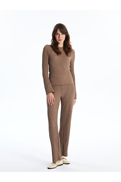 LC Waikiki Brown Textured Women's Trousers with Elastic Waist