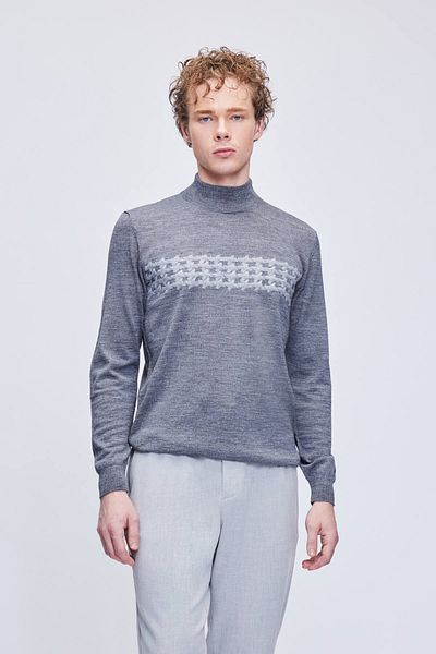 Hatemoğlu Gray Regular Fit Jacquard Half Turtleneck Wool Knitwear Sweater