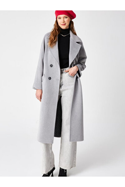 Zühre Women's Double Breasted Collar Pocket Detailed Stamp Gray Coat 13300