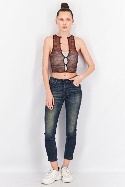 Motel Women Split Neck Sleeveless Mesh Crop Top, Brown