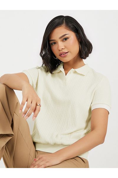 Styli Pointelle Collared Knit Top
