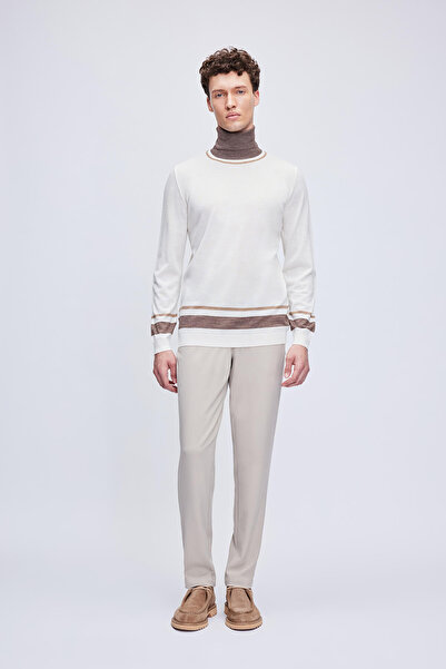 Hatemoğlu Ekru Regular Fit Çizgili Balıkçı Yaka Yünlü Triko Kazak