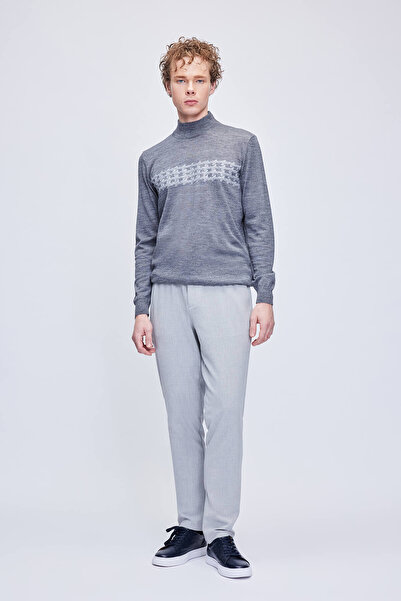 Hatemoğlu Сірий Regular Fit жакардовий светр з напіврибальським коміром з вовняного трикотажу