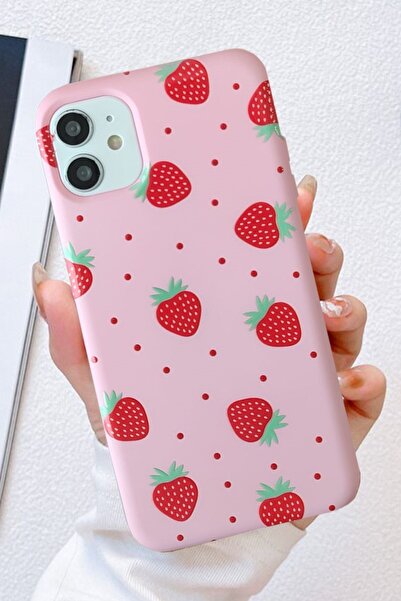 Iphone 11 Compatible Strawberry Patterned Launch Velvet Silicone Case (CAMERA AREA OPEN)