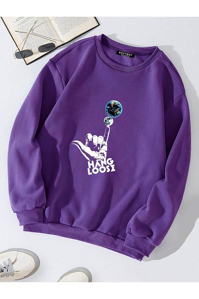 SOFTWAY Унисекс суитшърт с щампа Hang Loose Oversize – Лилав