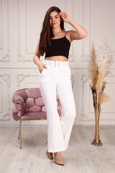 KAŞİHA Beyaz Yan Cepli Kemerli Atlas Dabıl Kumaş Ispanyol Paça Pantolon