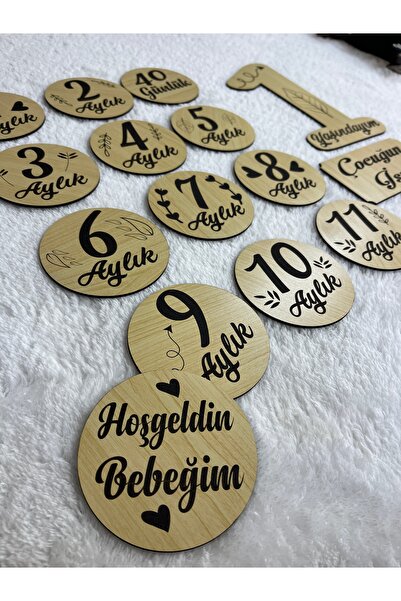 KİŞİYE ÖZEL 12 Aylık Ahşap Plak Seti Bebek Aylık Fotoğraf Kartları Bebek Hediyelik Hatıra Kartı