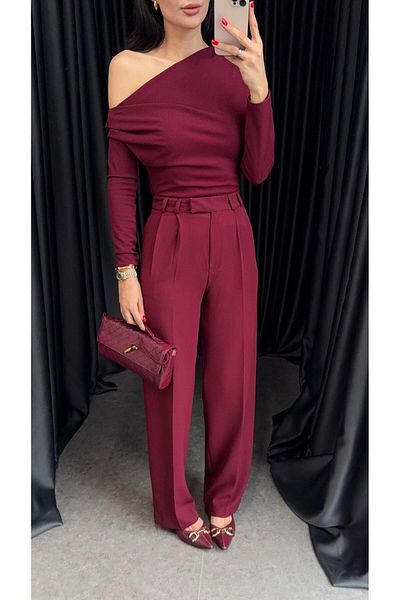 HAZELANNA Burgundy Palazzo Trousers