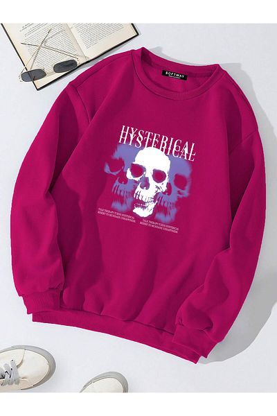 SOFTWAY Unisex Oversize Crew Neck Basic Hystarigal εμπριμέ φούτερ - ΦΟΥΚΙΔΑ