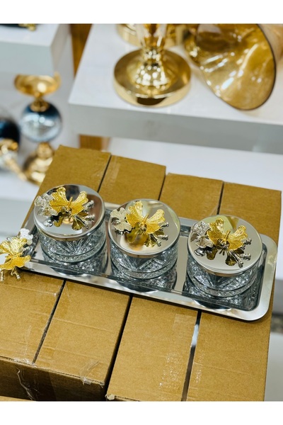 EVRA Tepsili Kapaklı Gümüş Renk Şekerlik Sunumluk