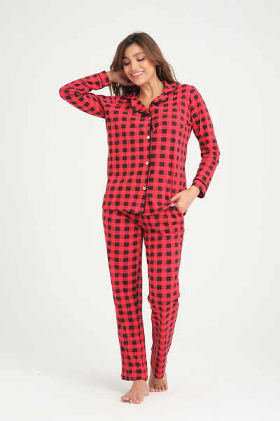 LİVE SPORT Metraj nyomott 100% pamut kötött pizsama szett piros kockás